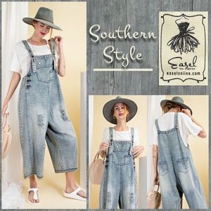 Easel Sanforized Loose Fit Washed Denim Overalls